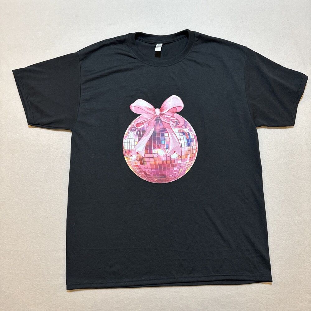 Pink Disco Ball W/bow Black T Shirt‎ Sz L Women